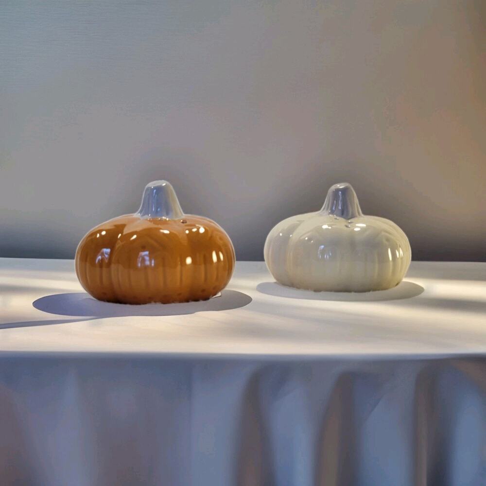 Ceramic Pumpkin Salt and Pepper Shakers Thanksgiving Halloween Fall White Orange
